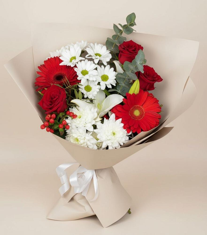 Букет цветов из: Розы, Хризантемы, Герберы и Лилии в Мирном Ставропольский край