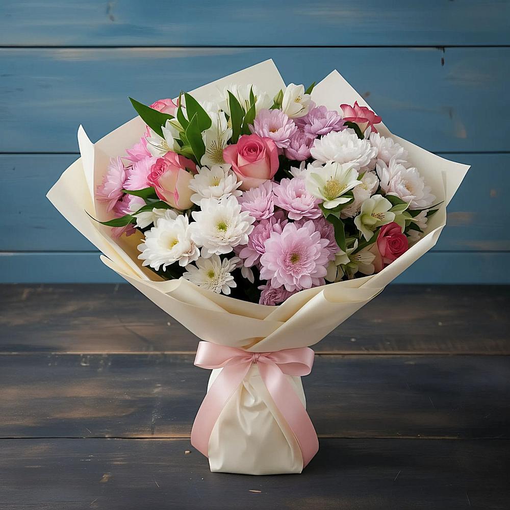 Букет цветов из: Хризантемы, Альстромерии и Розы в Мирном Ставропольский край